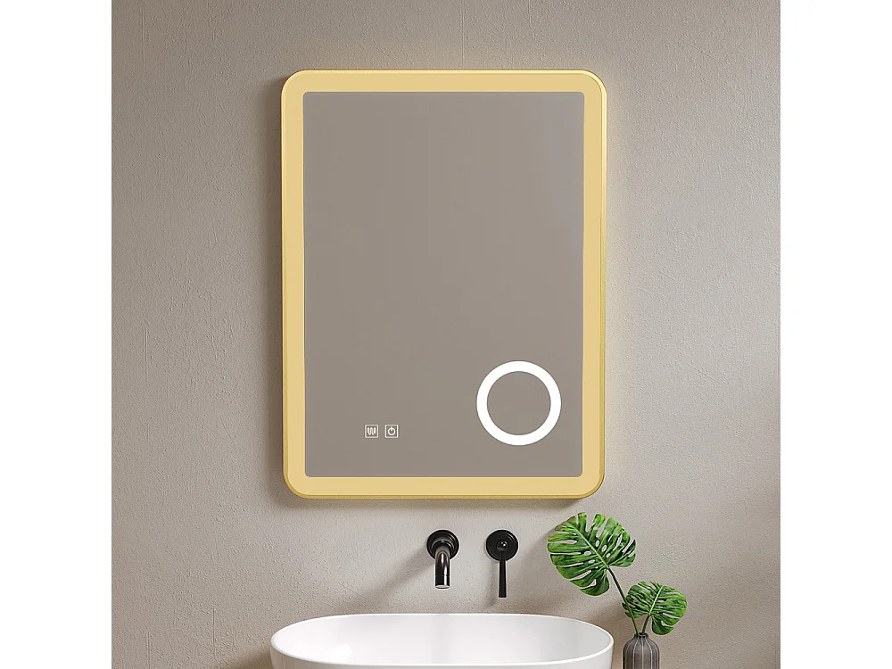 Miroir salle de bain LED 60x80 anti buée avec cadre en aluminium doré et loupe x3 LB-4685G