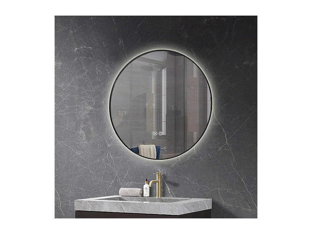 Miroir salle de bain LED rond 60cm anti buée avec cadre noir LB-4647BA