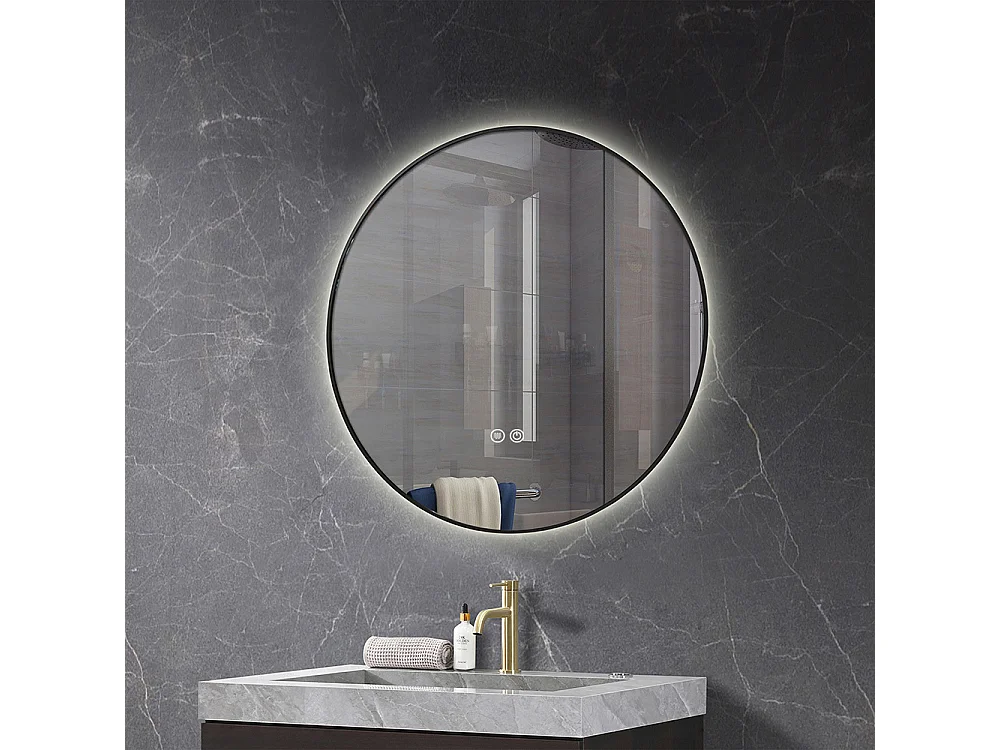 Miroir salle de bain LED rond 60cm anti buée avec cadre noir LB-4647BA