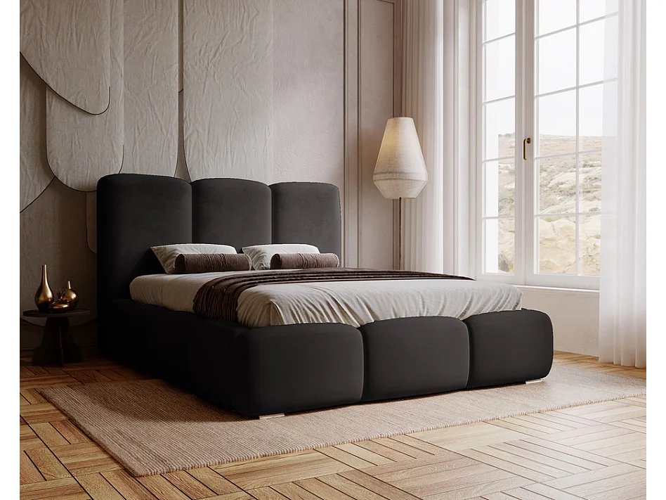 Emporius gestoffeerd bed met lattenbodem 160x200 Merkad - Tweepersoonsbed - hoogwaardig comfortabel bed, fluweel - Zwart (Magic Velvet 2219)