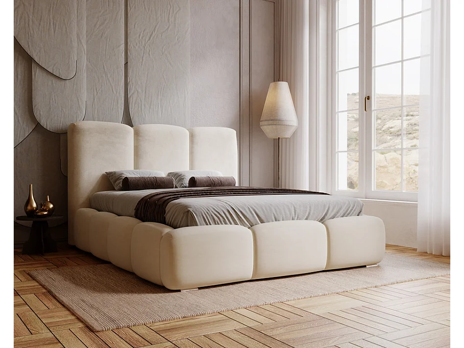 Emporius gestoffeerd bed met lattenbodem 140x200 Merkad - Tweepersoonsbed - hoogwaardig comfortabel bed, fluweel - Beige (Magic Velvet 2201)