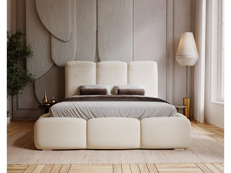 Emporius gestoffeerd bed met lattenbodem 140x200 Merkad - Tweepersoonsbed - hoogwaardig comfortabel bed, fluweel - Beige (Magic Velvet 2201)