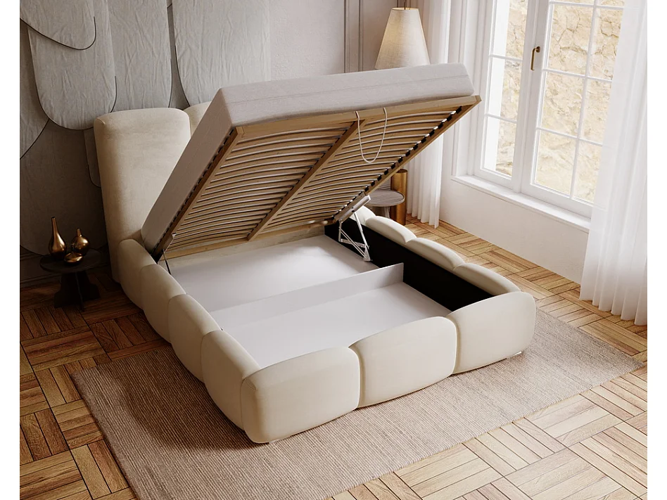 Emporius gestoffeerd bed met lattenbodem 140x200 Merkad - Tweepersoonsbed - hoogwaardig comfortabel bed, fluweel - Beige (Magic Velvet 2201)