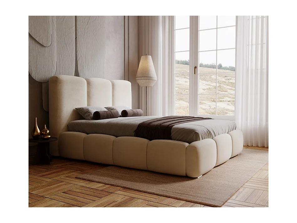 Emporius Lit adulte 140x200 cm Merkad - Lit Double 140x200 avec Rangement - Lit Adulte avec Tete de Lit - Beige (Magic Velvet 2201)