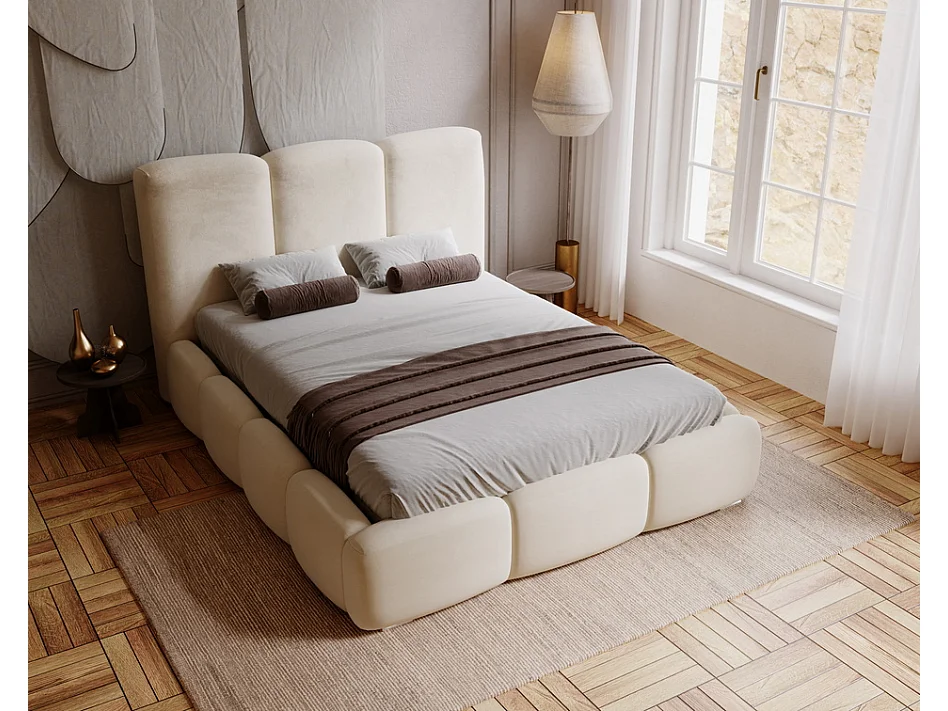 Emporius Lit adulte 140x200 cm Merkad - Lit Double 140x200 avec Rangement - Lit Adulte avec Tete de Lit - Beige (Magic Velvet 2201)