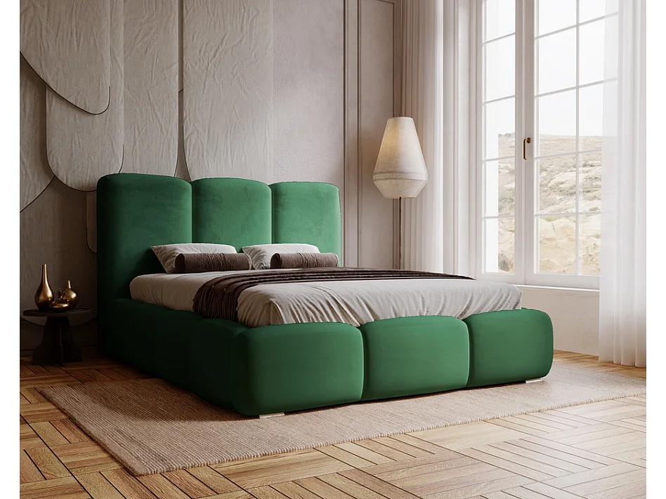 Emporius gestoffeerd bed met lattenbodem 140x200 Merkad - Tweepersoonsbed - hoogwaardig comfortabel bed, fluweel - Groen (Magic Velvet 2225)