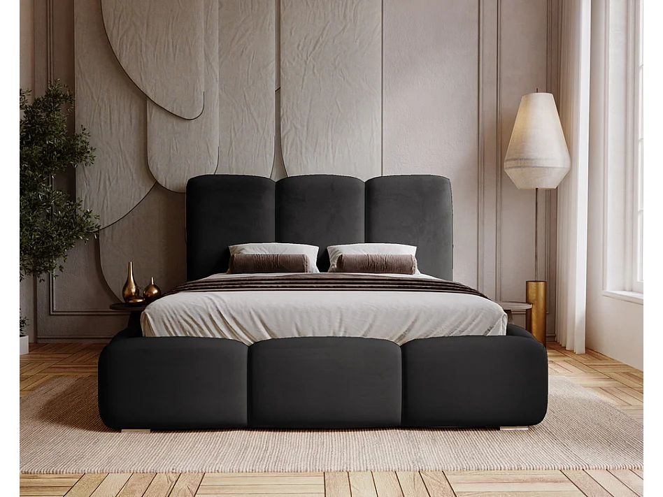 Emporius gestoffeerd bed met lattenbodem 140x200 Merkad - Tweepersoonsbed - hoogwaardig comfortabel bed, fluweel - Zwart (Magic Velvet 2219)