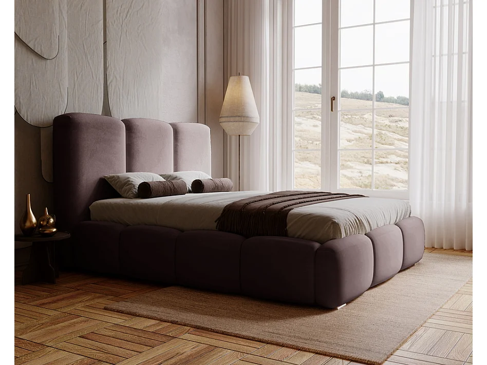 Emporius gestoffeerd bed met lattenbodem 140x200 Merkad - Tweepersoonsbed - hoogwaardig comfortabel bed, fluweel - Bruin (Magic Velvet 2205)