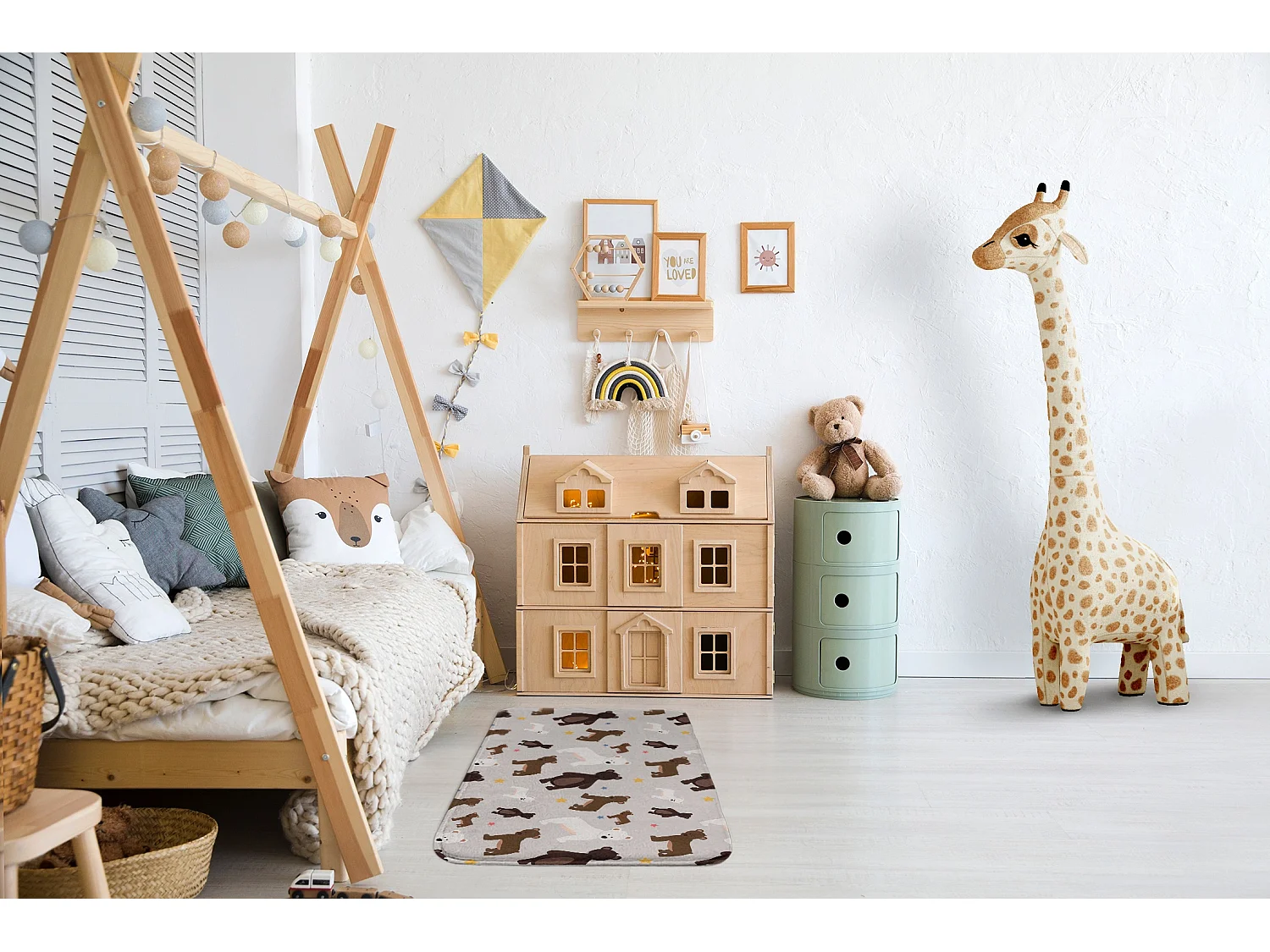 Tapis enfant, 75x45 cm Ours et étoiles Tapis enfant, pour chambre d'enfant