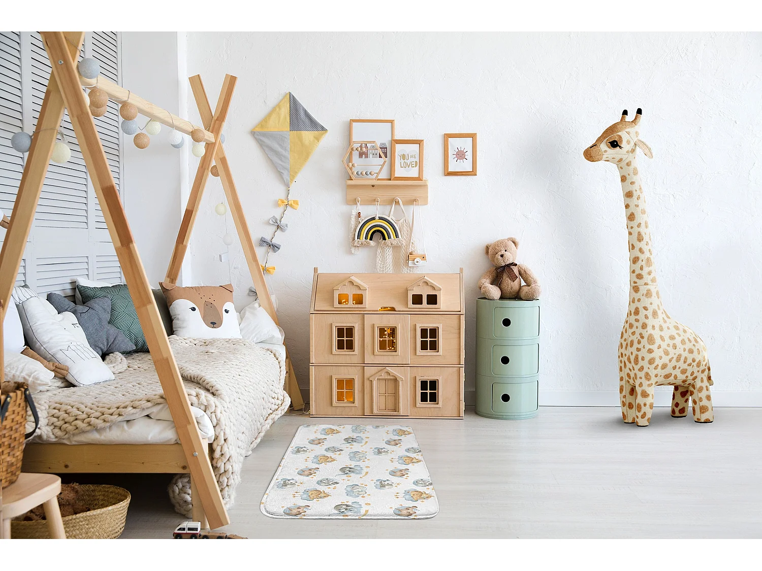 Tapis enfant, 90x60 cm Animaux endormis Tapis enfant, pour chambre d'enfant