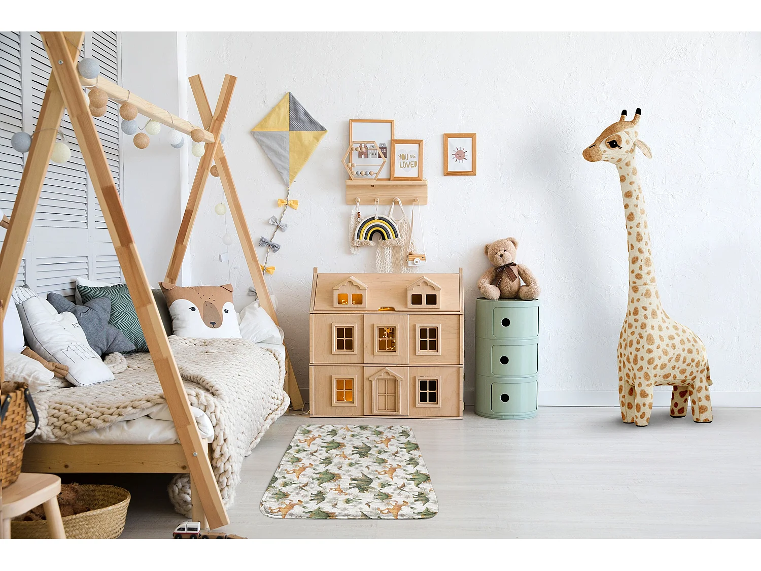 Tapis enfant, 75x45 cm Dinosaures et plantes Tapis enfant, pour chambre d'enfant