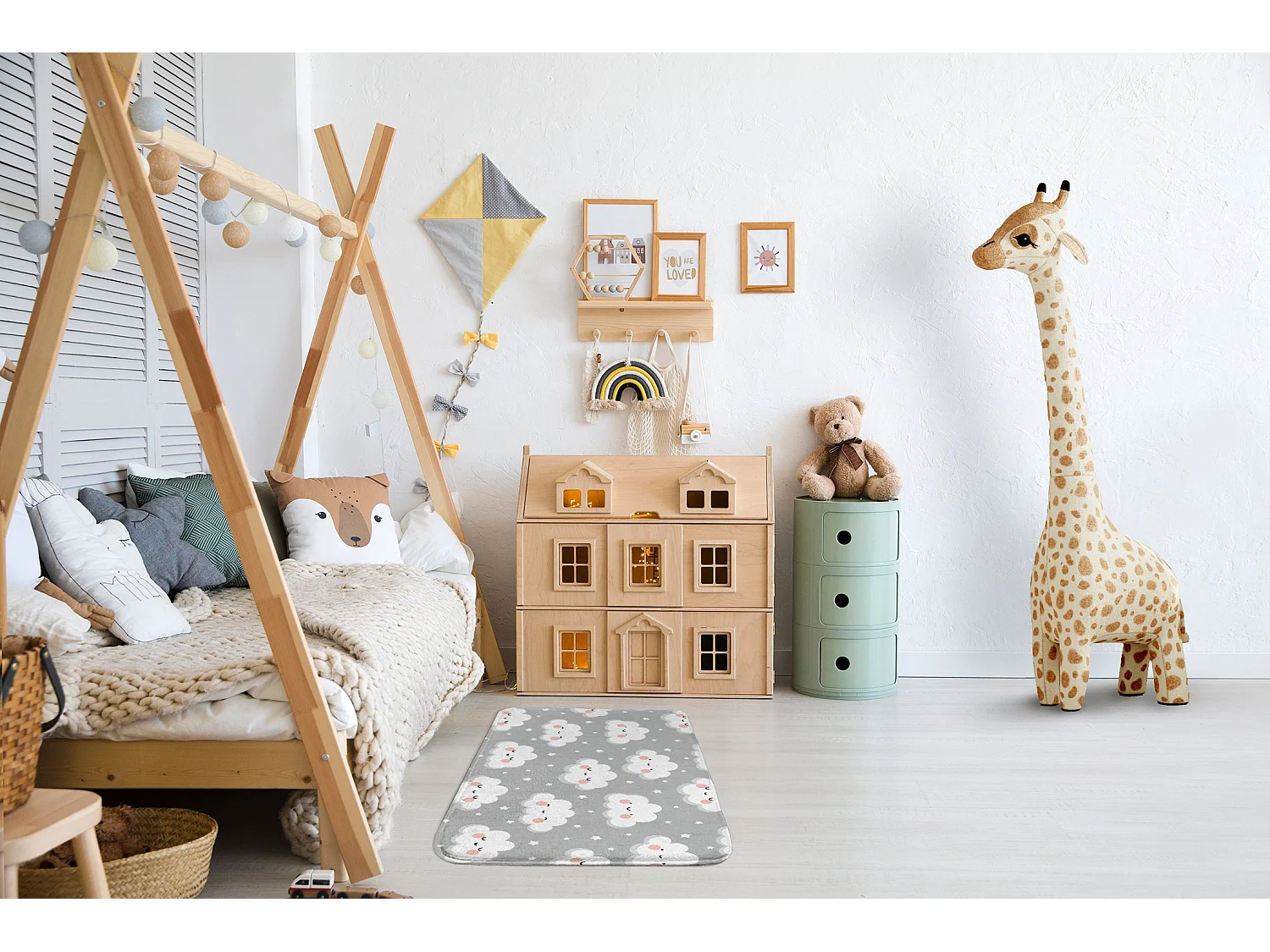 Tapis enfant, 75x45 cm Nuages ​​avec étoiles Tapis enfant, pour une chambre d'enfant