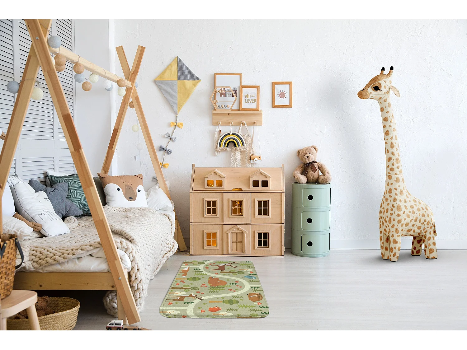 Tapis enfant, 75x45 cm Animaux dans la forêt Tapis enfant, pour une chambre d'enfant