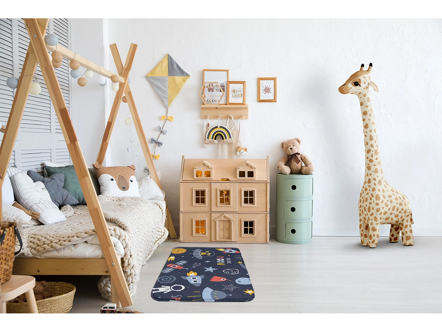 Tapis enfant, 75x45 cm Espace et fusées Tapis enfant, pour une chambre d'enfant