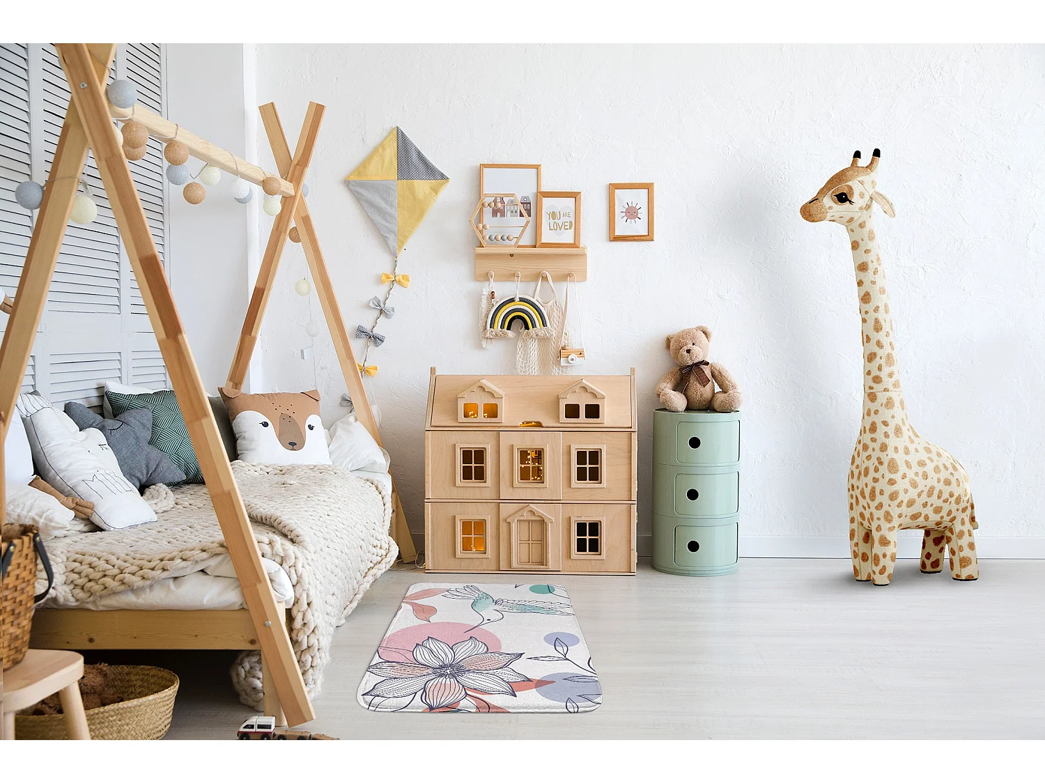 Tapis enfant, 75x45 cm Colibri et fleur Tapis enfant, pour chambre d'enfant