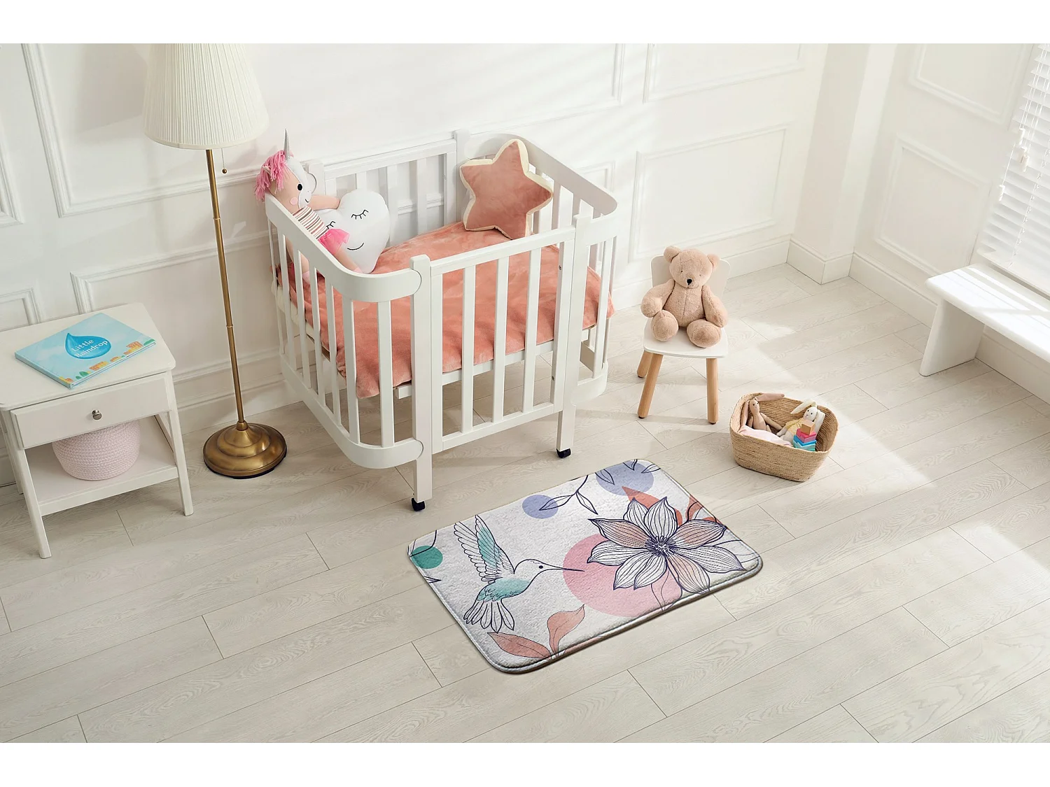 Tapis enfant, 90x60 cm Colibri et fleur Tapis enfant, pour chambre d'enfant