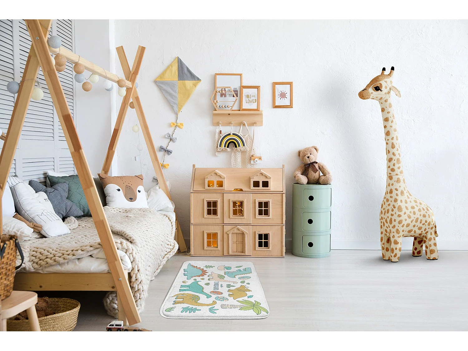 Tapis enfant, 90x60 cm Adorables dinosaures Tapis enfant, pour une chambre d'enfant