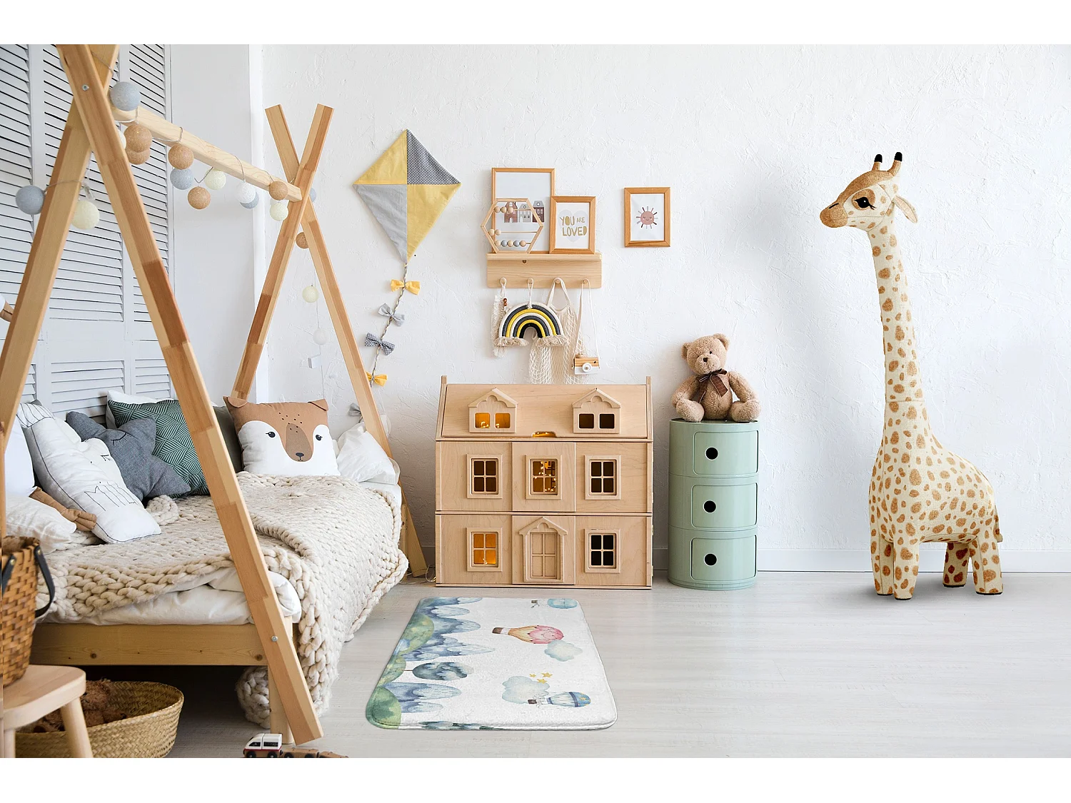 Tapis enfant, 90x60 cm Ballons au-dessus des montagnes Tapis enfant, pour chambre d'enfant