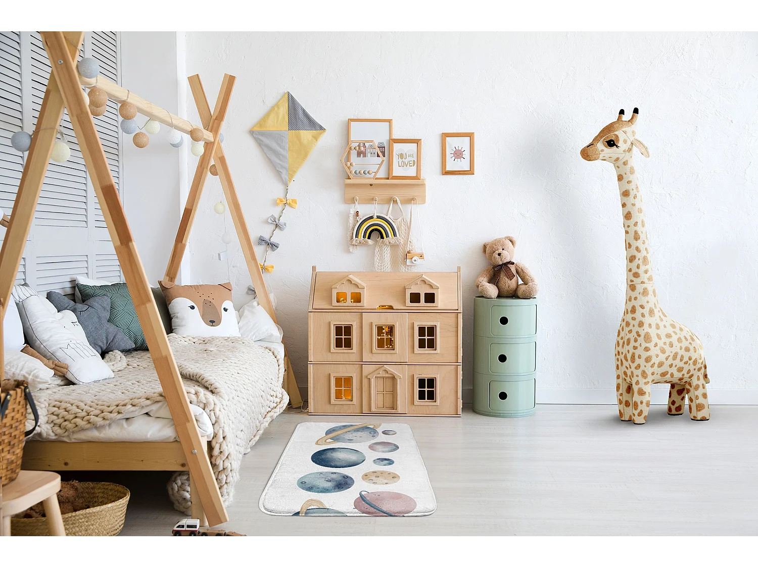 Tapis enfant, 75x45 cm Planètes aquarelles Tapis enfant, pour une chambre d'enfant