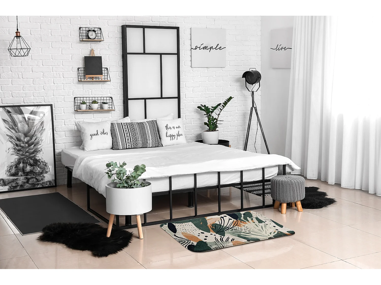 Tapis de chambre, 90x60 cm. Motif de feuilles abstraites. Tapis tendance pour une chambre ou un salon.