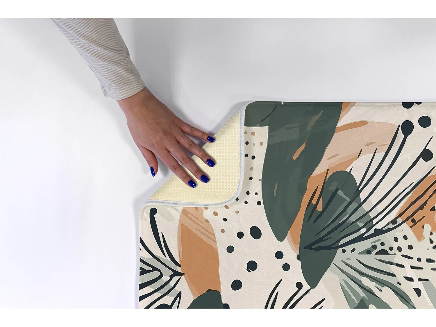 Slaapkamerkleed, 90x60 cm. Abstract bladpatroon. Trendy vloerkleed voor slaapkamer of woonkamer.