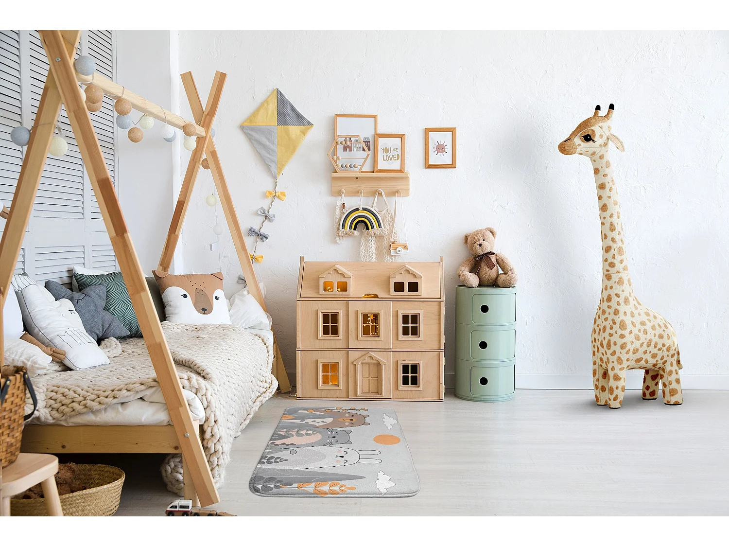 Tapis enfant, 75x45 cm Animaux dans la forêt Tapis enfant, pour une chambre d'enfant