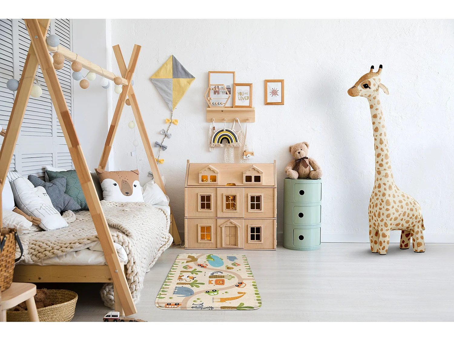 Kindervloerkleed, 90x60 cm Dieren en auto's Kindervloerkleed, voor de kinderkamer