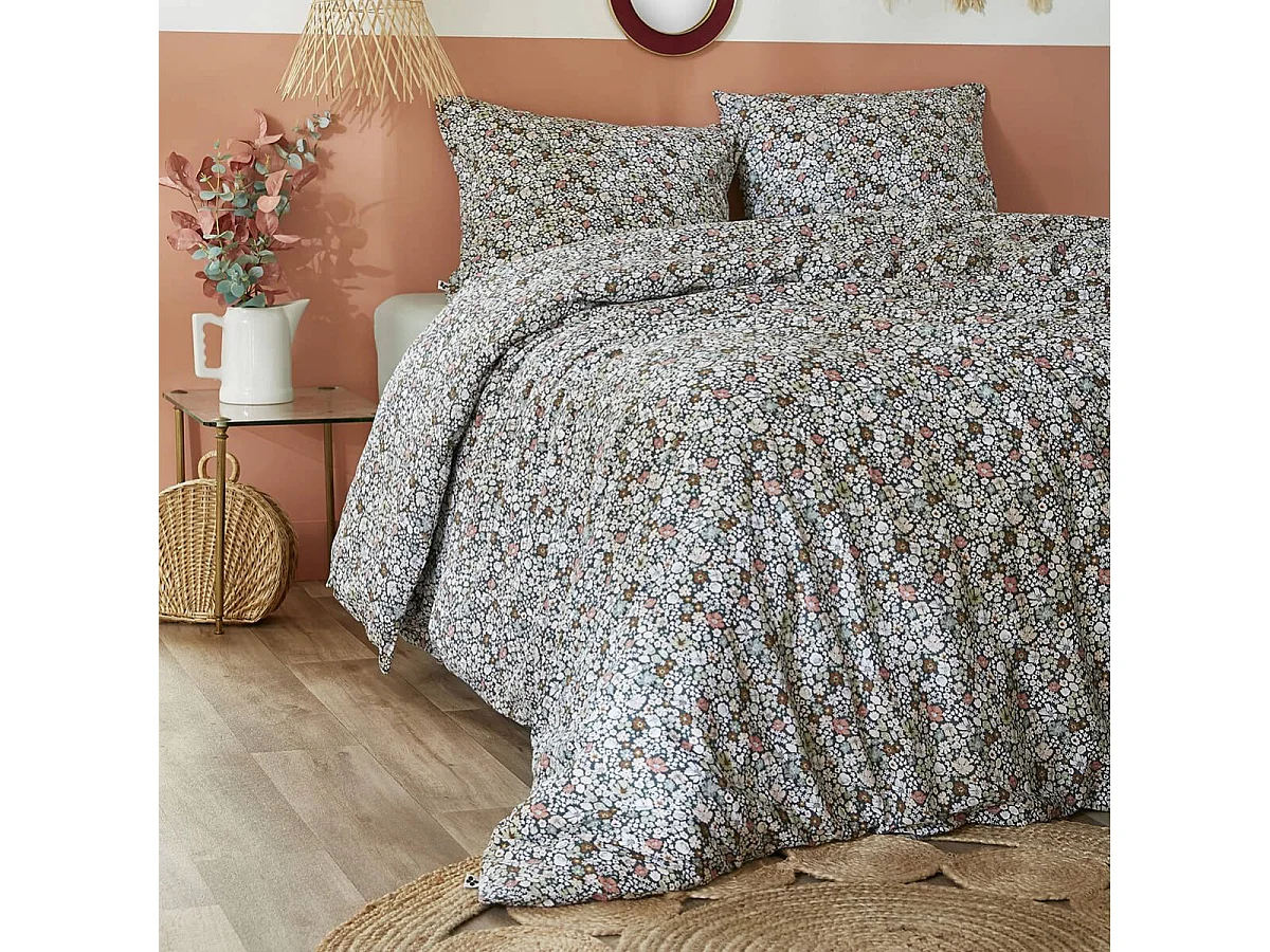 MEGAN - Parure de Lit Imprimé Fleurs Housse de Couette 260x240cm + 2 Taies d'Oreiller