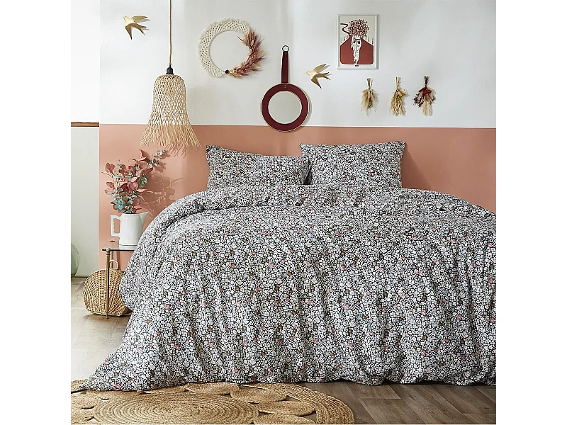 MEGAN - Parure de Lit Imprimé Fleurs Housse de Couette 260x240cm + 2 Taies d'Oreiller