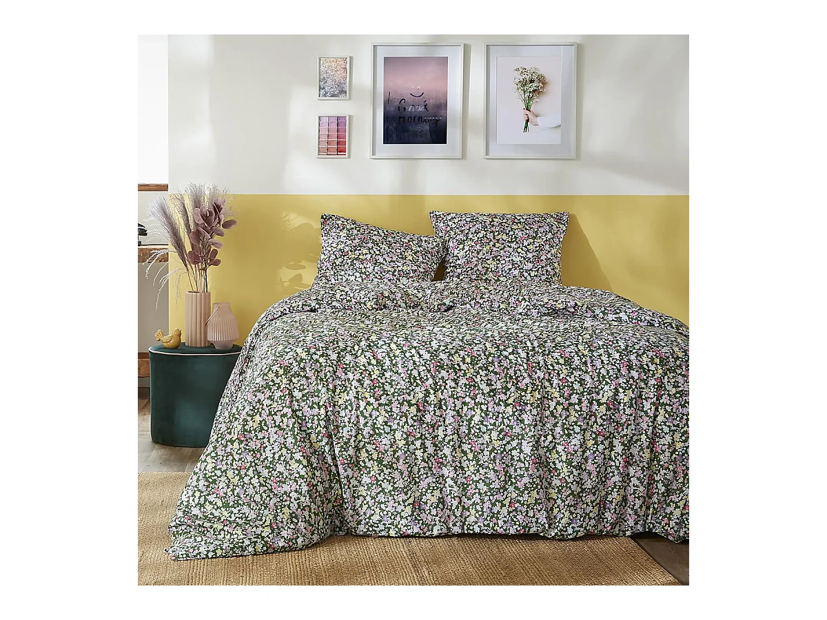 ISIA - Parure de Lit Imprimé Floral Housse de Couette 240x220cm + 2 Taies d'Oreiller