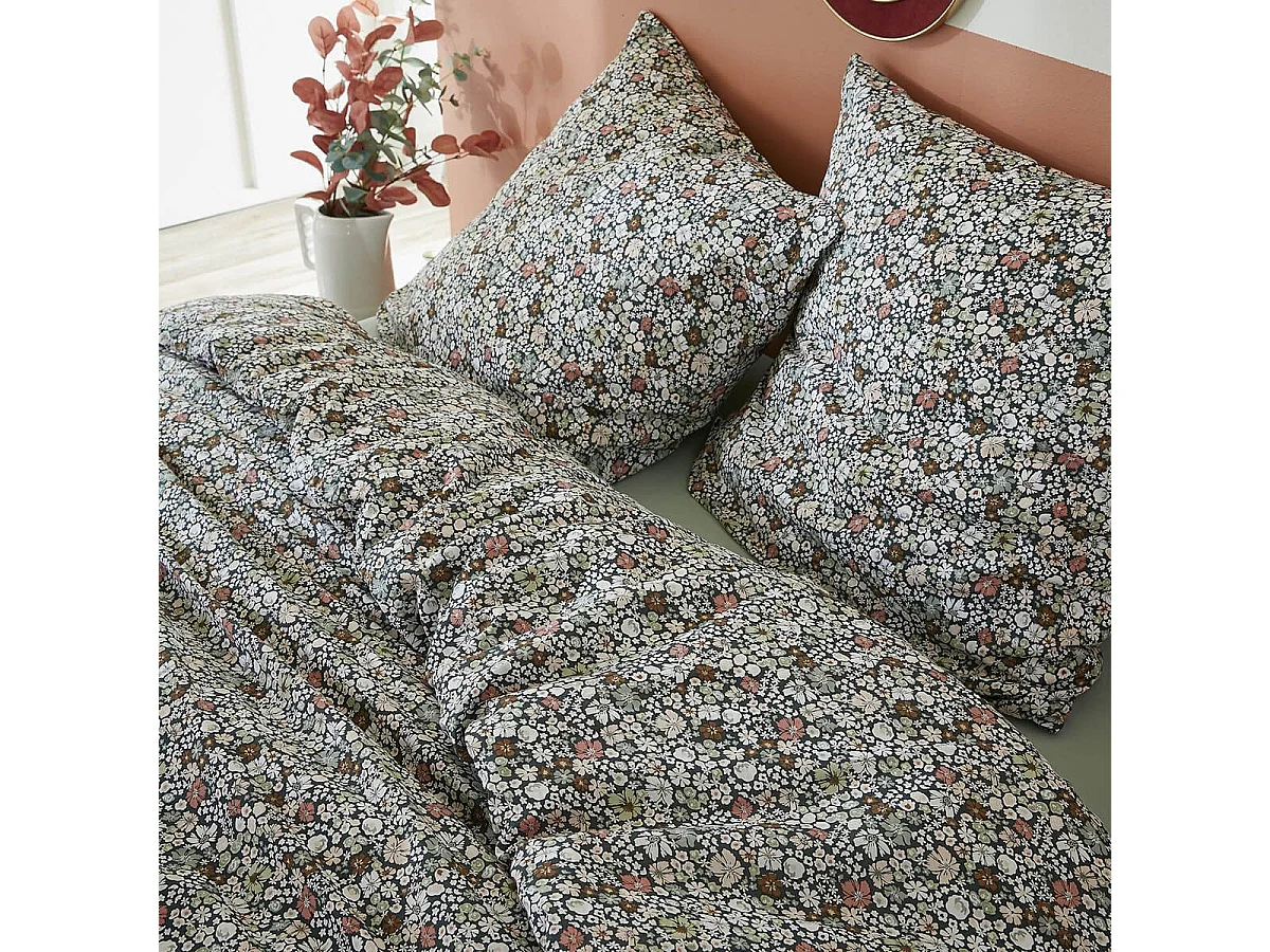 MEGAN - Parure de Lit Imprimé Fleurs Housse de Couette 200x200cm + 2 Taies d'Oreiller