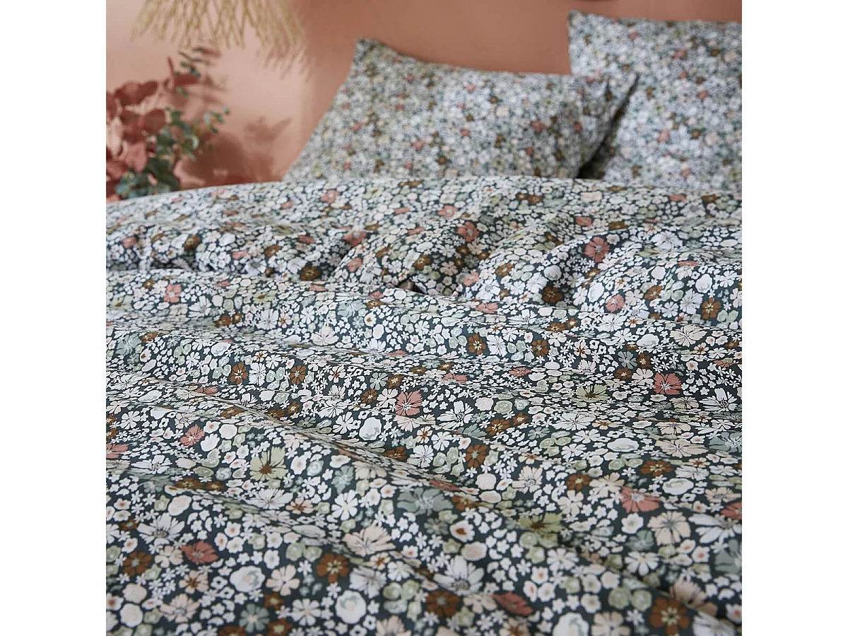 MEGAN - Parure de Lit Imprimé Fleurs Housse de Couette 200x200cm + 2 Taies d'Oreiller