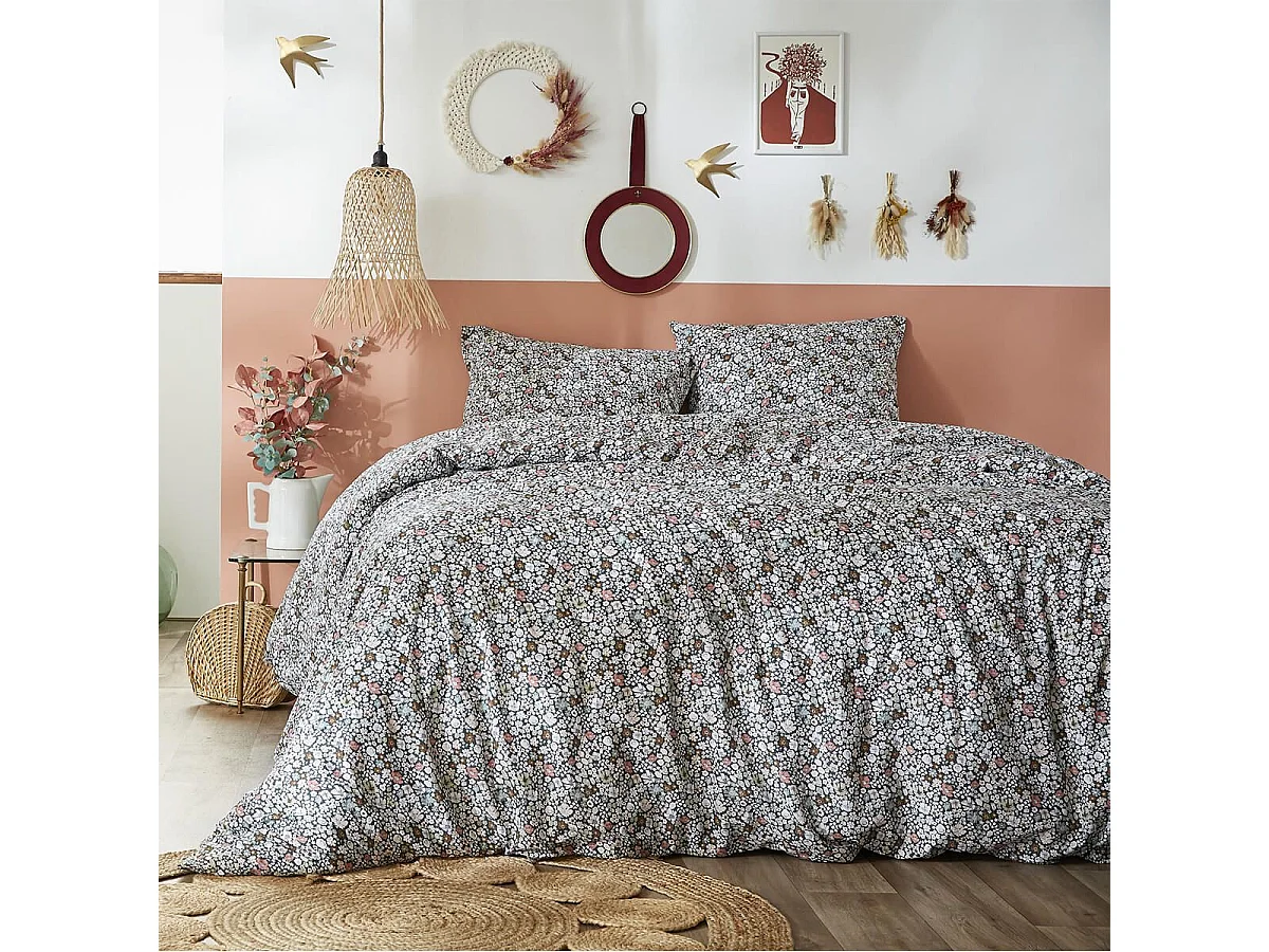MEGAN - Parure de Lit Imprimé Fleurs Housse de Couette 200x200cm + 2 Taies d'Oreiller