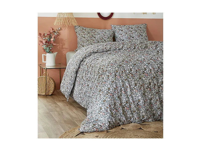 MEGAN - Parure de Lit Imprimé Fleurs Housse de Couette 140x200cm + 1 Taie d'Oreiller