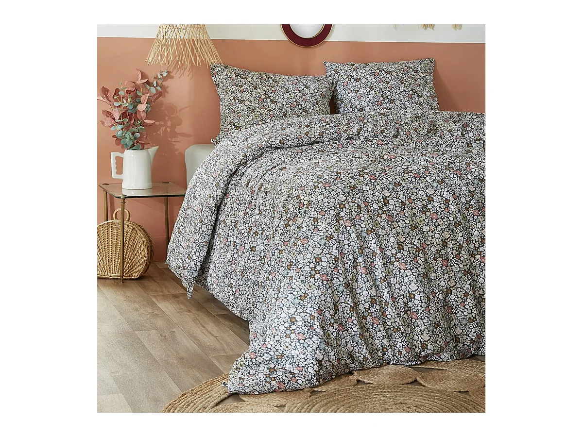 MEGAN - Parure de Lit Imprimé Fleurs Housse de Couette 140x200cm + 1 Taie d'Oreiller