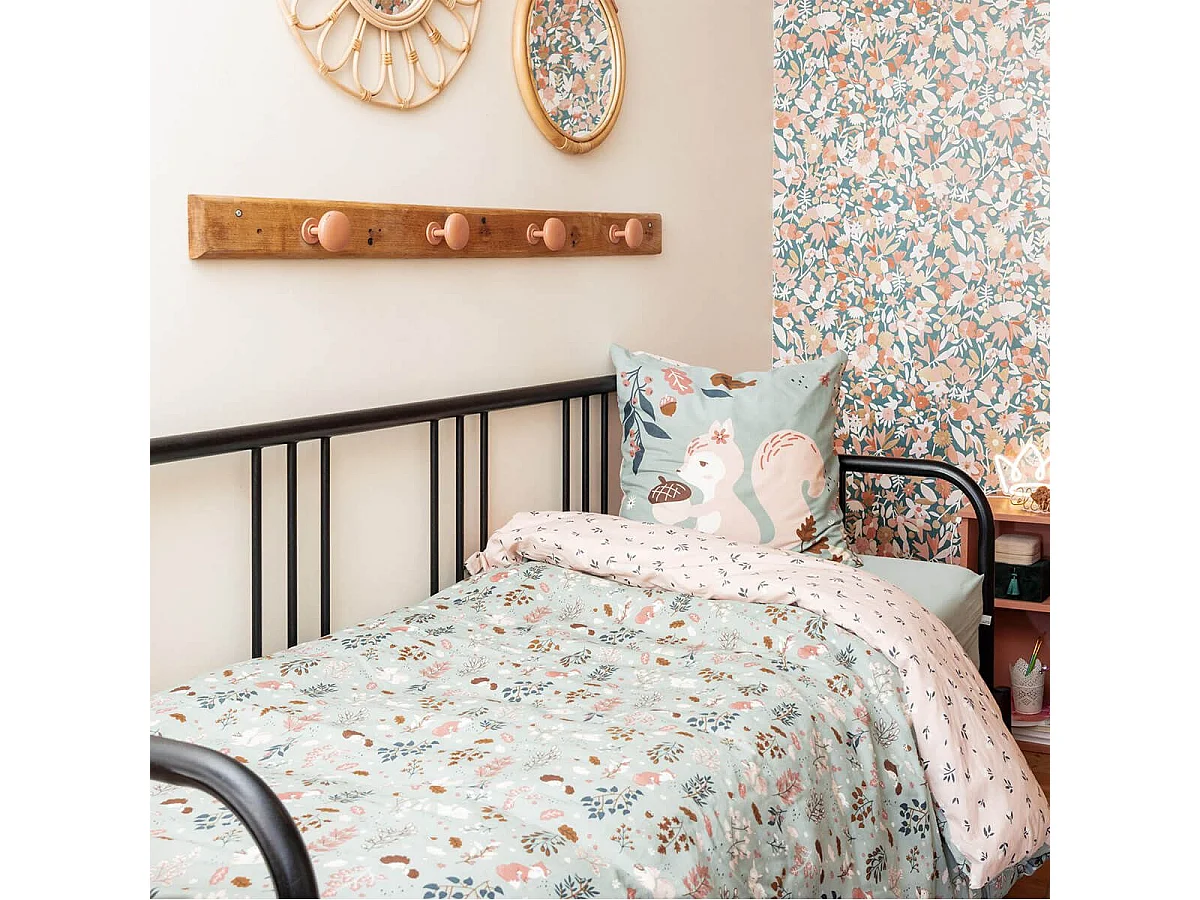 VALDY - Parure de Lit Imprimé Forêt Housse de Couette 140x200cm + 1 Taie d'Oreiller