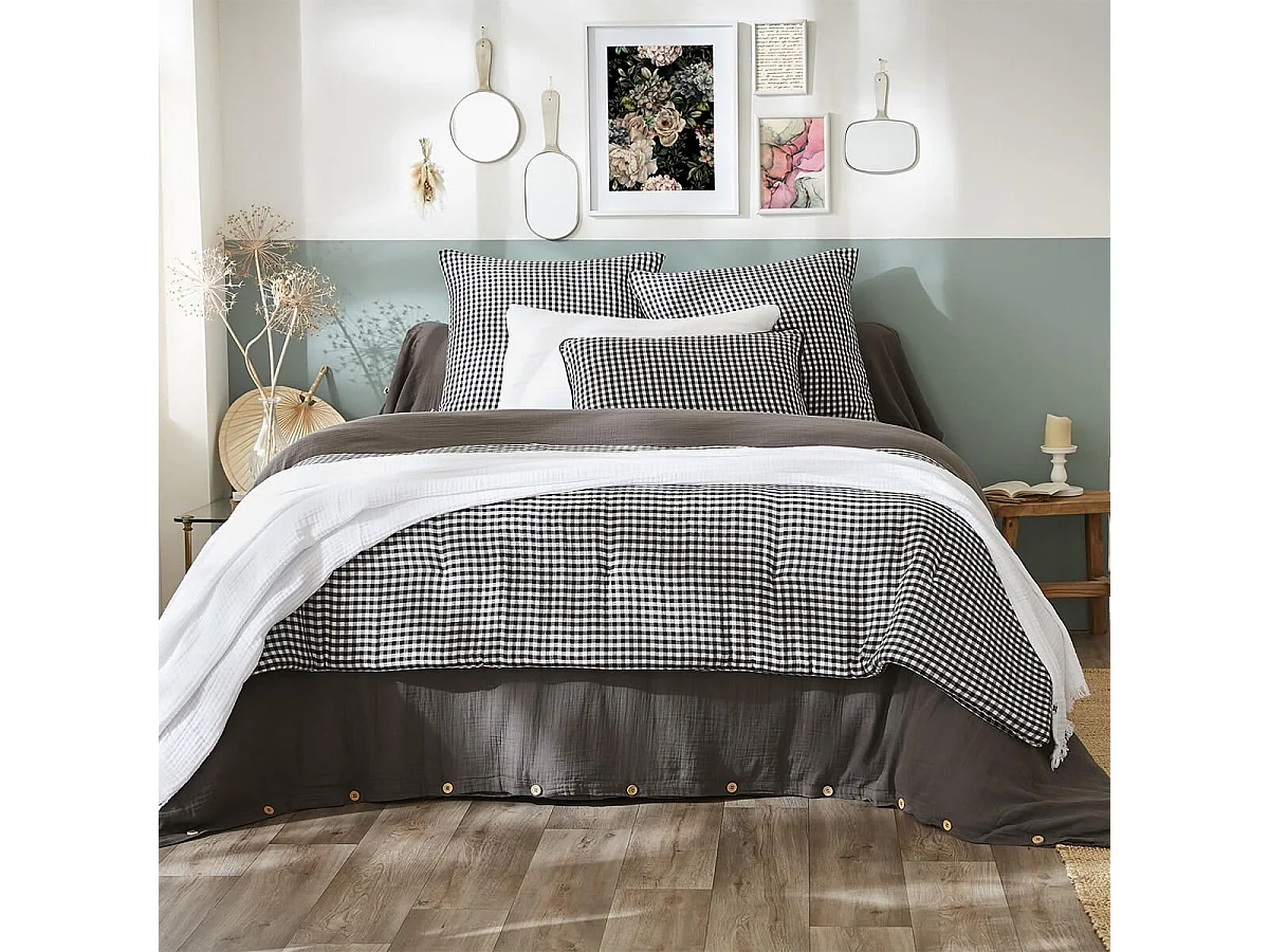 JOEL - Taie d'Oreiller 60x60cm Gaze de Coton Vichy Coloris Truffe