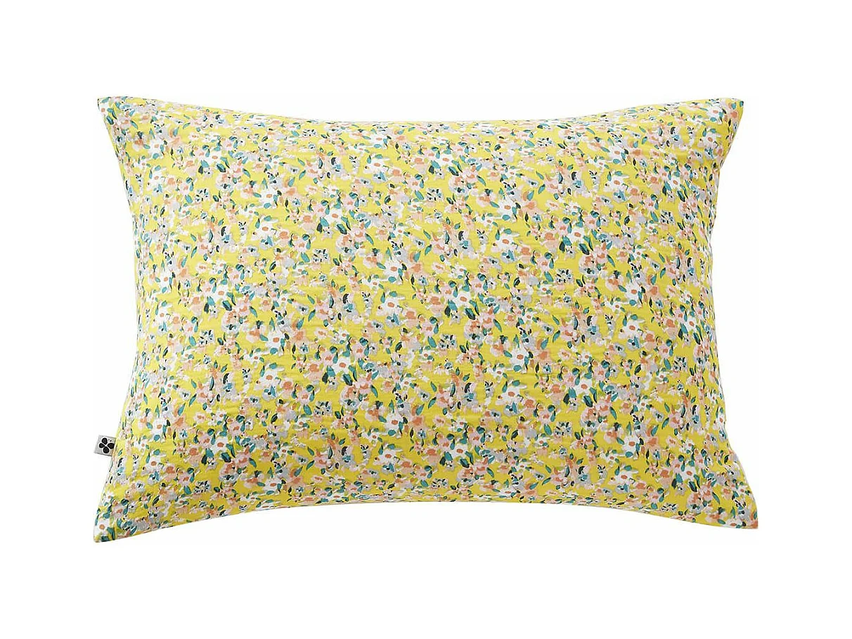 SIMONE - Taie d'Oreiller 50x70cm Gaze de Coton Jaune Imprimé Floral