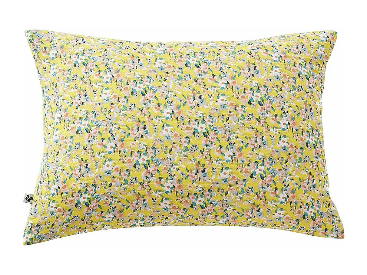 SIMONE - Taie d'Oreiller 50x70cm Gaze de Coton Jaune Imprimé Floral