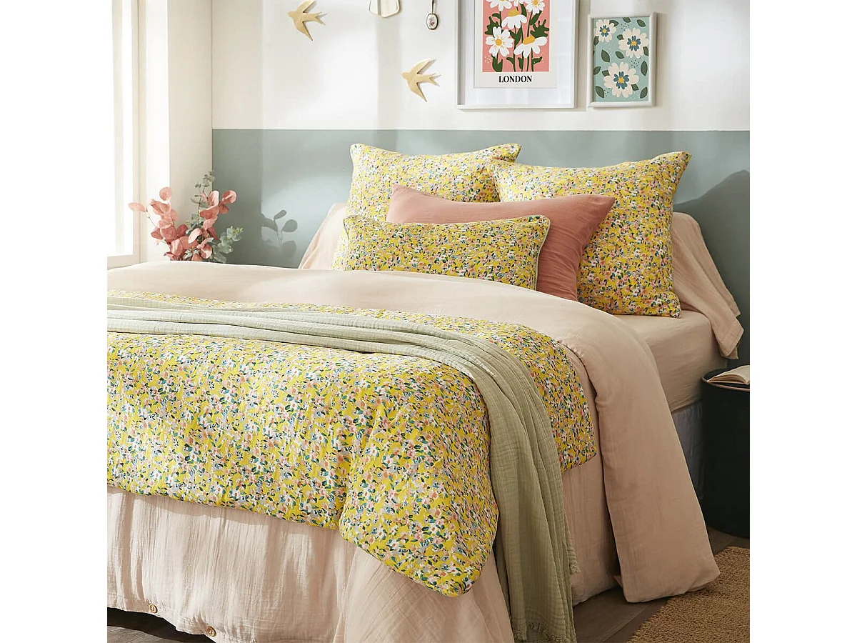 SIMONE - Taie d'Oreiller 50x70cm Gaze de Coton Jaune Imprimé Floral