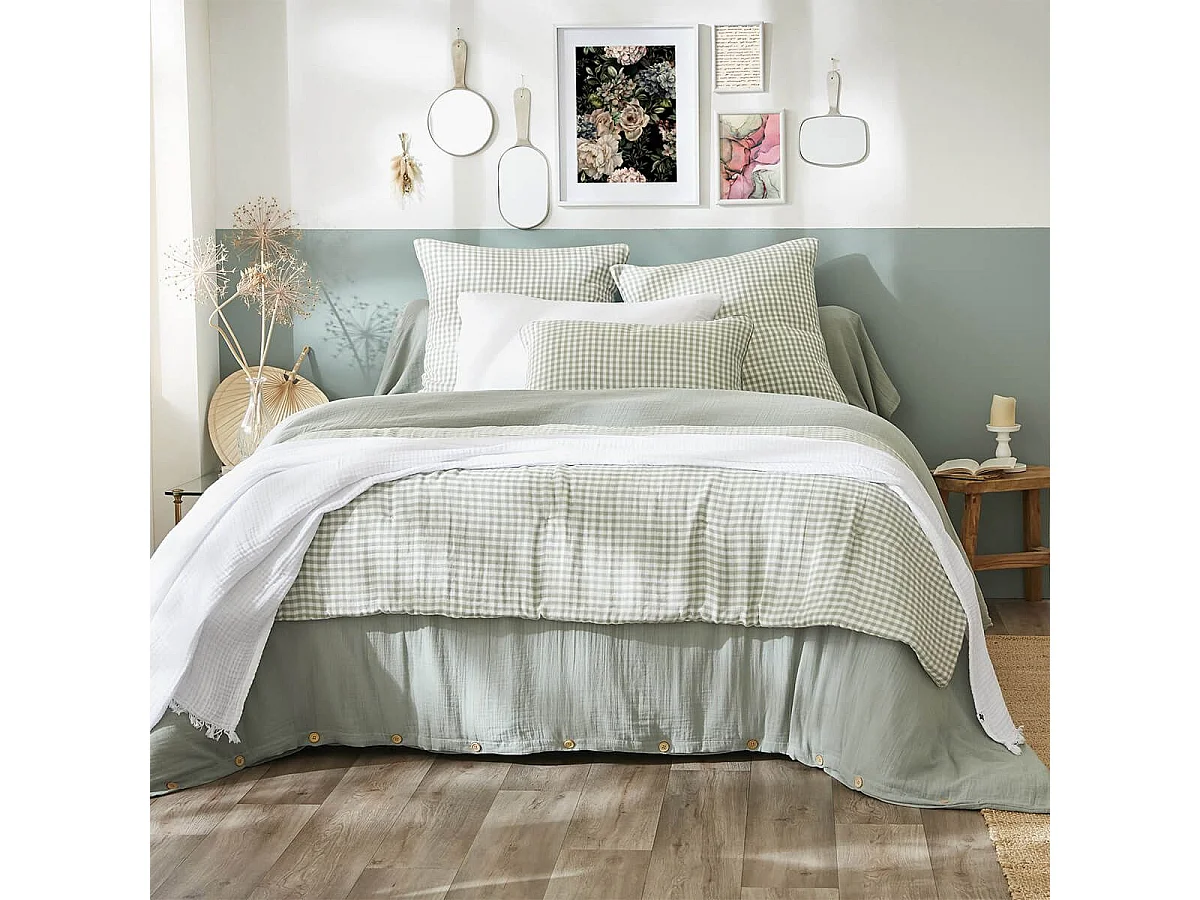 JOEL - Taie d'Oreiller 50x70cm Gaze de Coton Vichy Coloris Eucalyptus