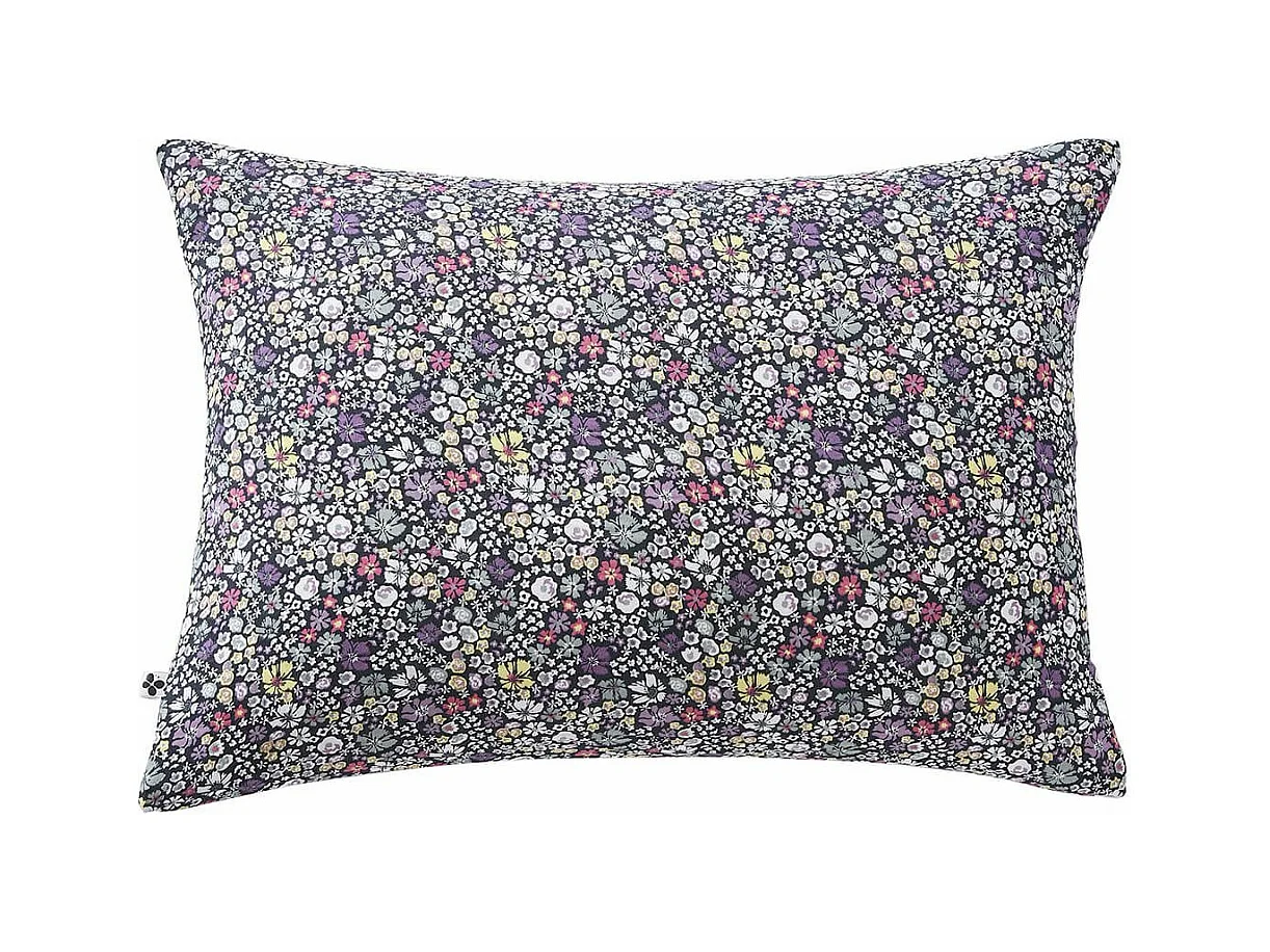 SOIZIC - Taie d'Oreiller 50x70cm Gaze de Coton Imprimé Bleu-Violet Imprimé Fleurs