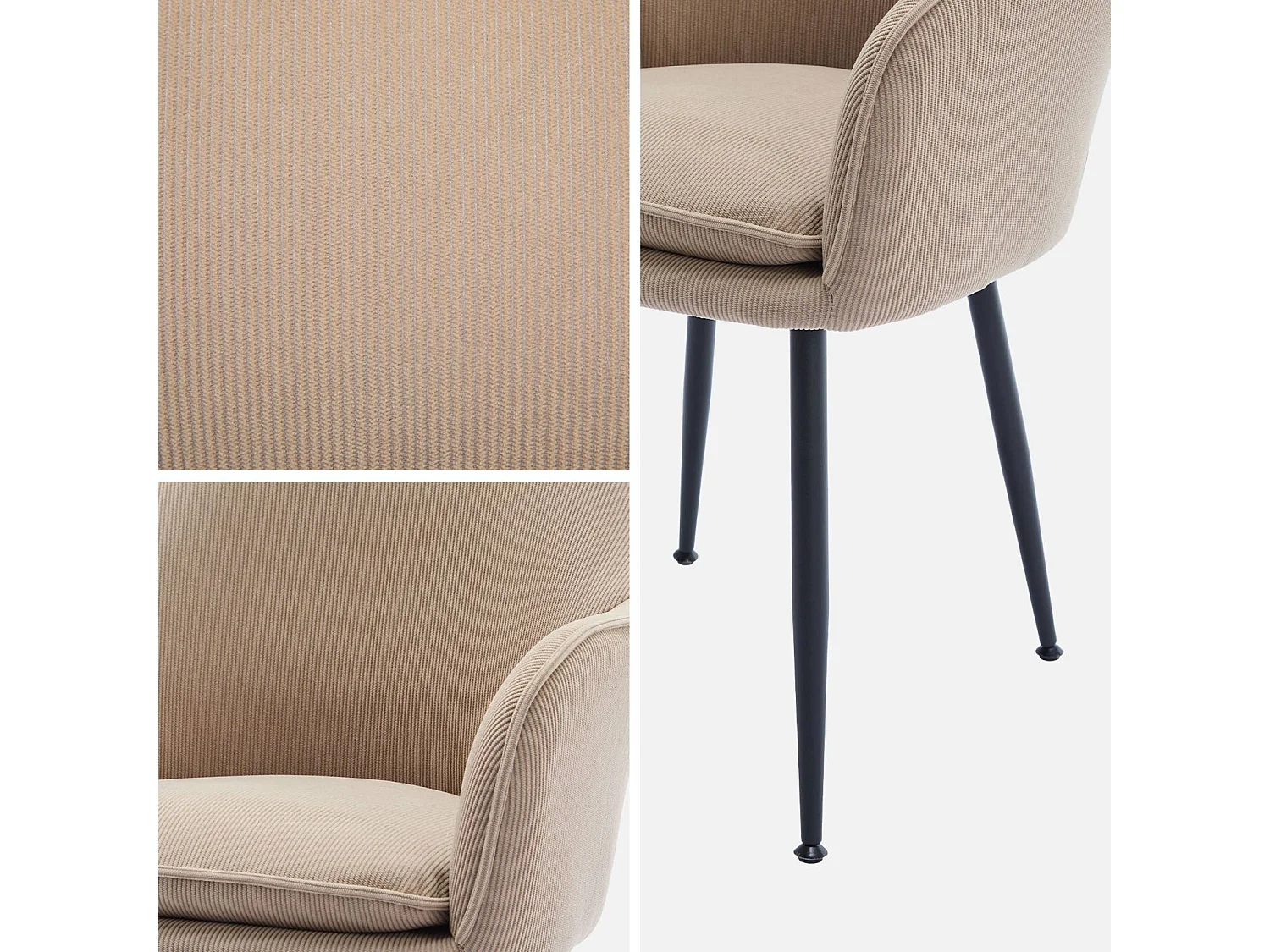 Sillón de terciopelo de canalé y patas de metal negro, set de 4 beige