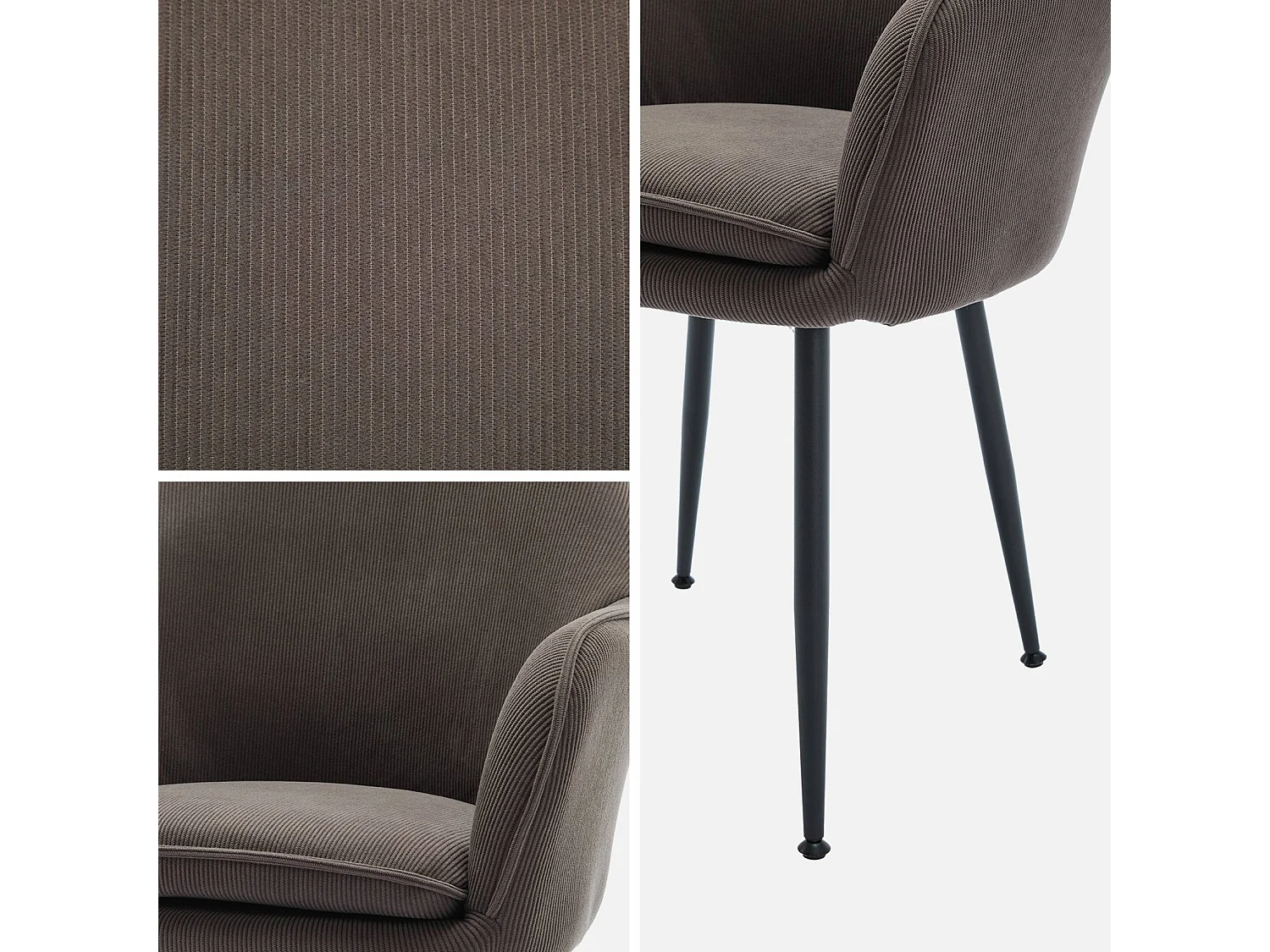 Lot de 4 fauteuils en velours côtelé gris foncé et pieds en métal noir mat. L 57 x P 59 x H 84.5cm