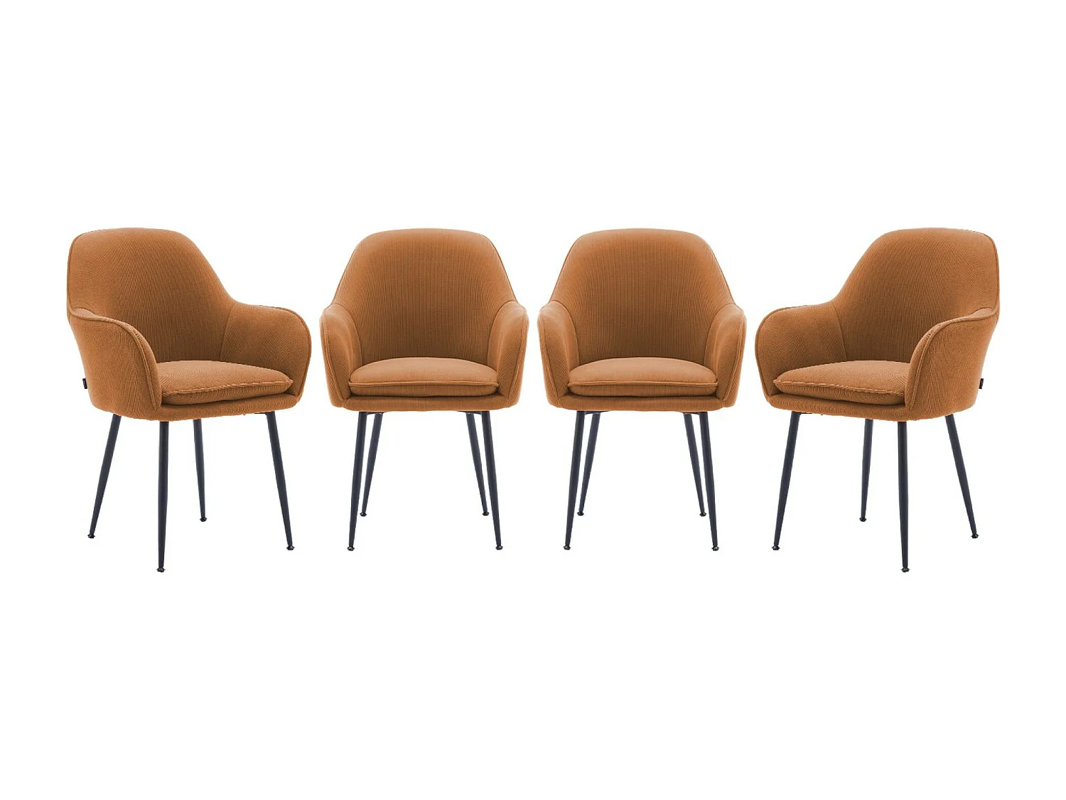 Lot de 4 fauteuils en velours côtelé camel et pieds en métal noir mat. L 57 x P 59 x H 84.5cm