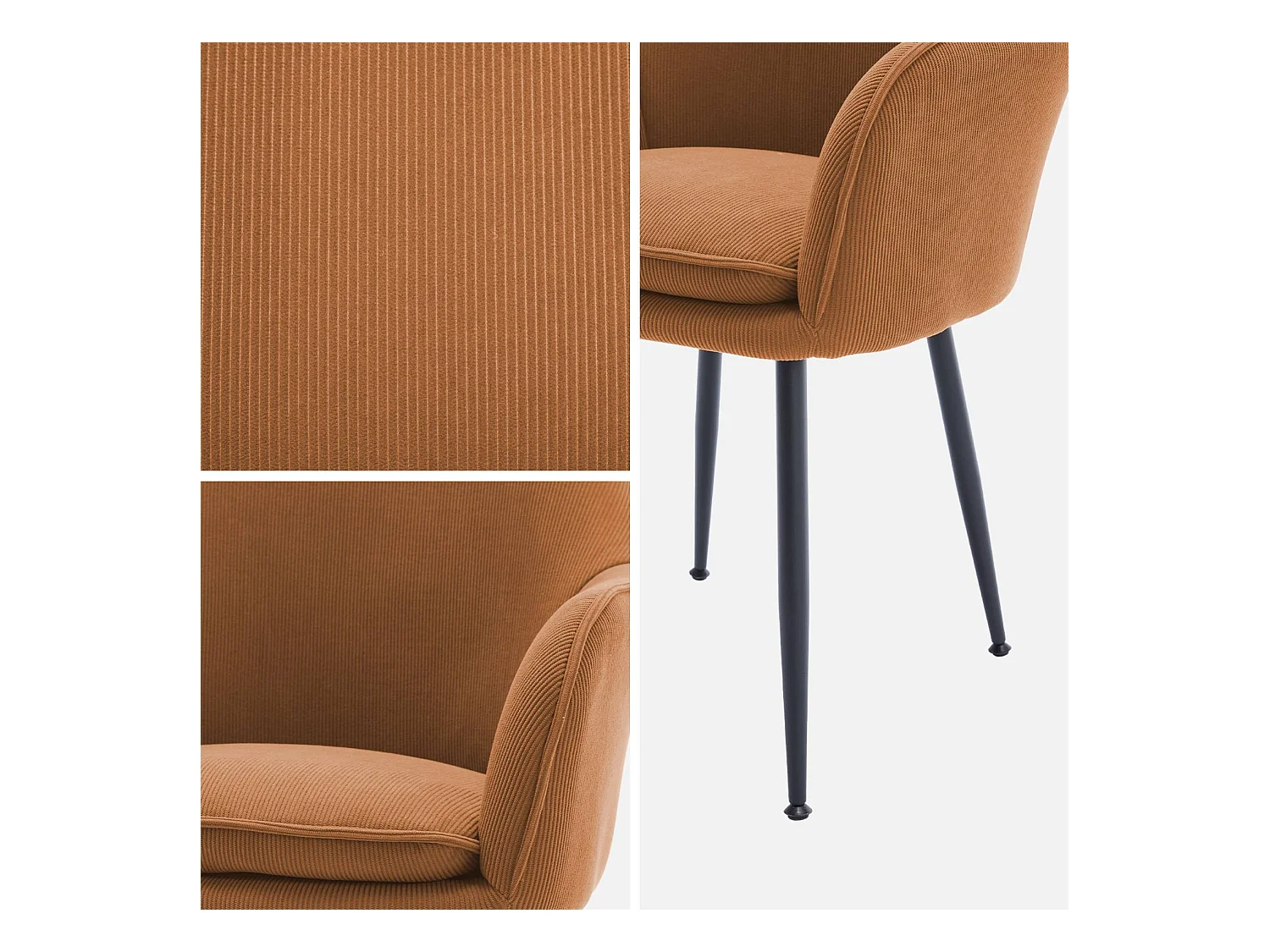 Lot de 4 fauteuils en velours côtelé camel et pieds en métal noir mat. L 57 x P 59 x H 84.5cm