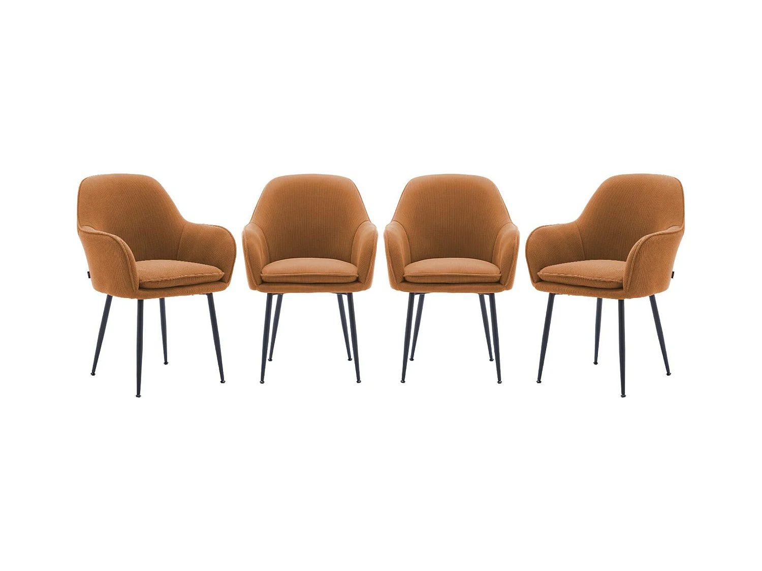 Lot de 4 fauteuils en velours côtelé camel et pieds en métal noir mat. L 57 x P 59 x H 84.5cm