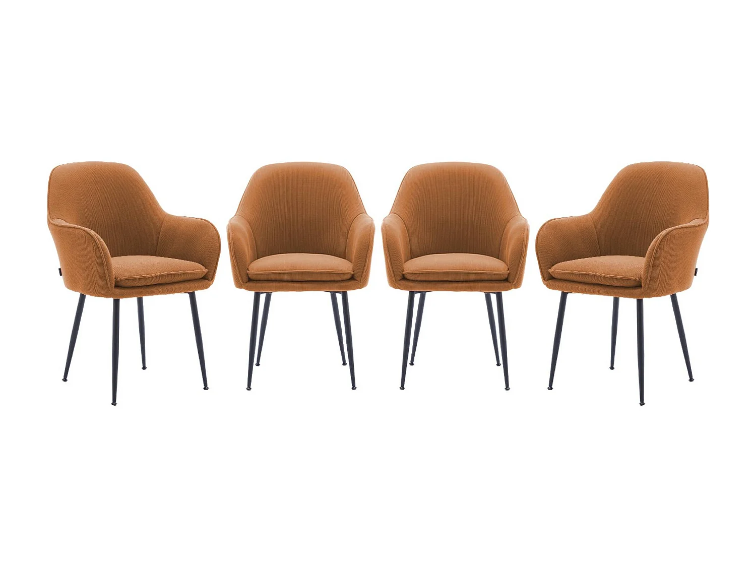 Lot de 4 fauteuils en velours côtelé camel et pieds en métal noir mat. L 57 x P 59 x H 84.5cm