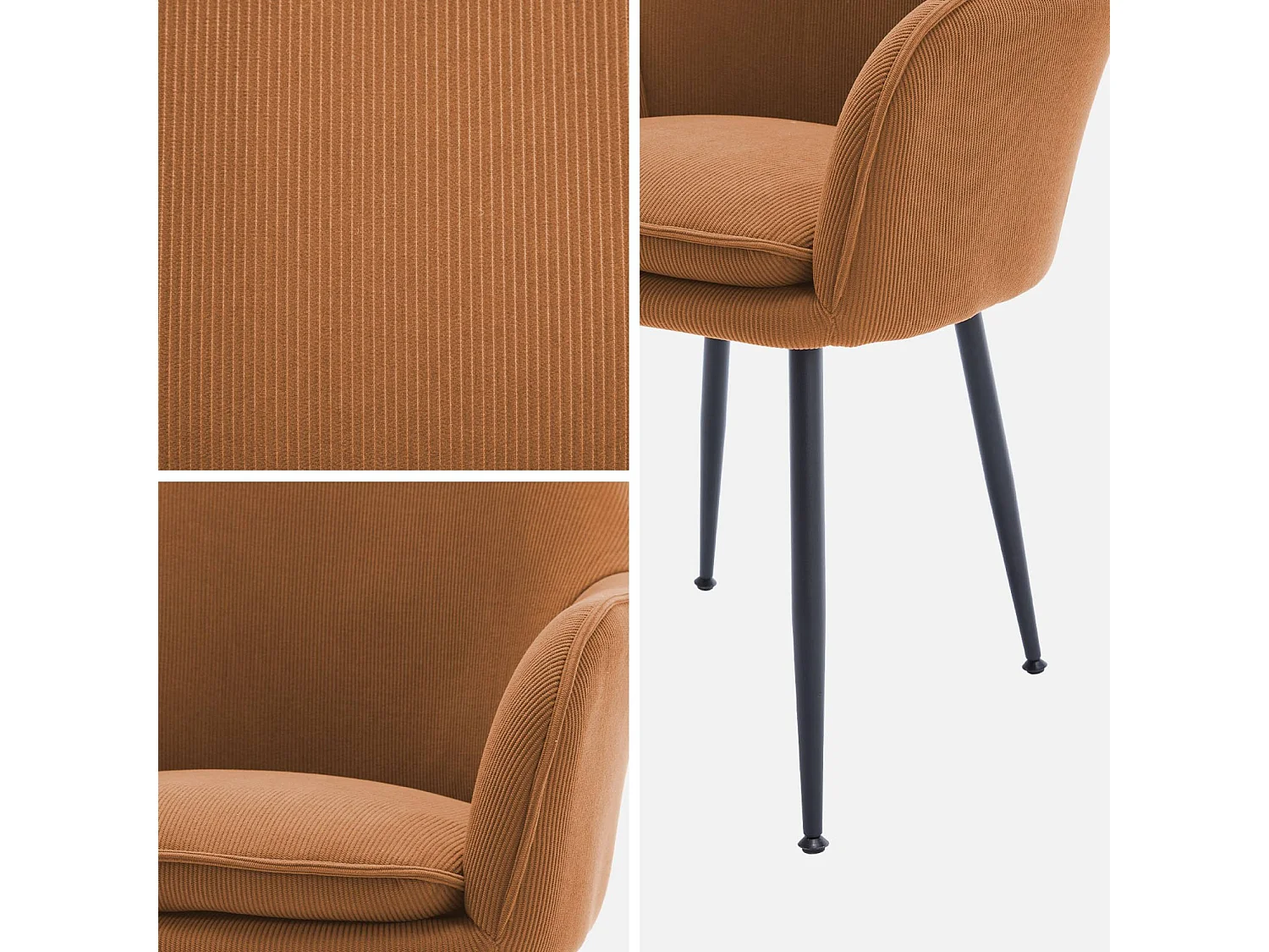 Lot de 4 fauteuils en velours côtelé camel et pieds en métal noir mat. L 57 x P 59 x H 84.5cm