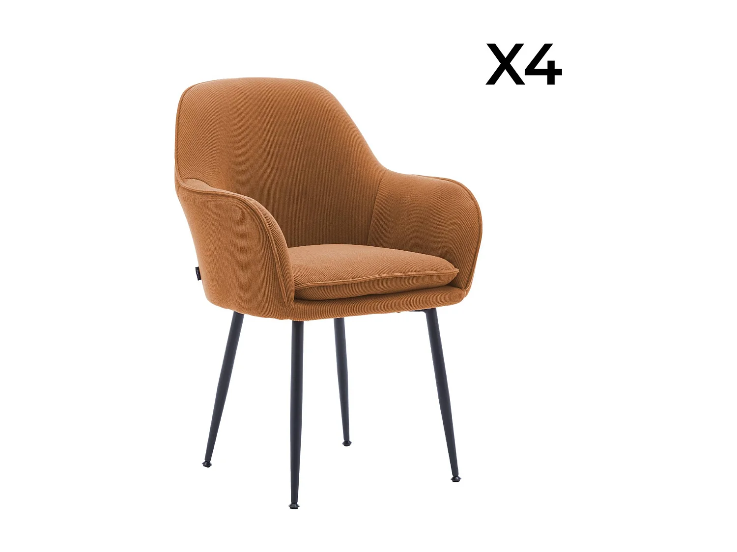 Lot de 4 fauteuils en velours côtelé camel et pieds en métal noir mat. L 57 x P 59 x H 84.5cm